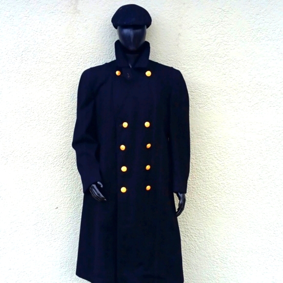 CLOTHING SUPPLY MEN'S VINTAGE BLACK PURE WOOL DOUBLE BREASTED TRENCH - Picture 3 of 17